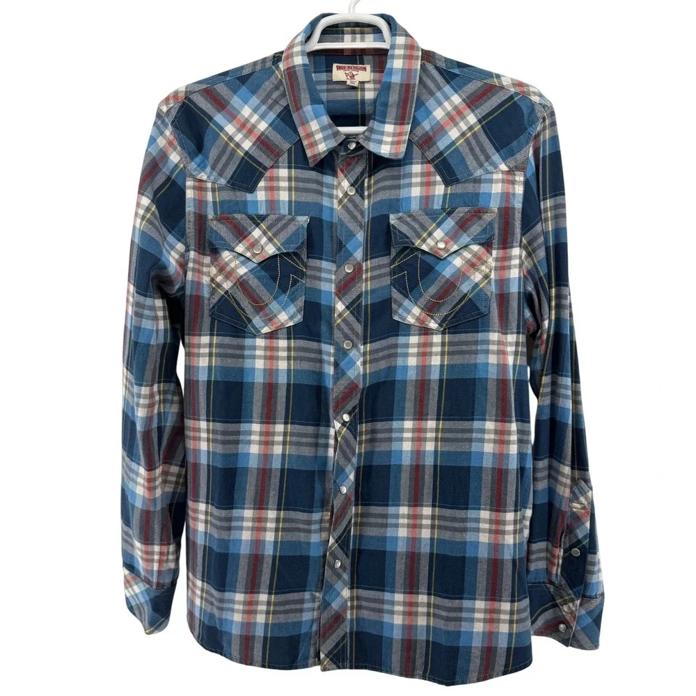True Religion Mens Blue Plaid Western Snap Long Sleeve Shirt 2XL MONB390MU3